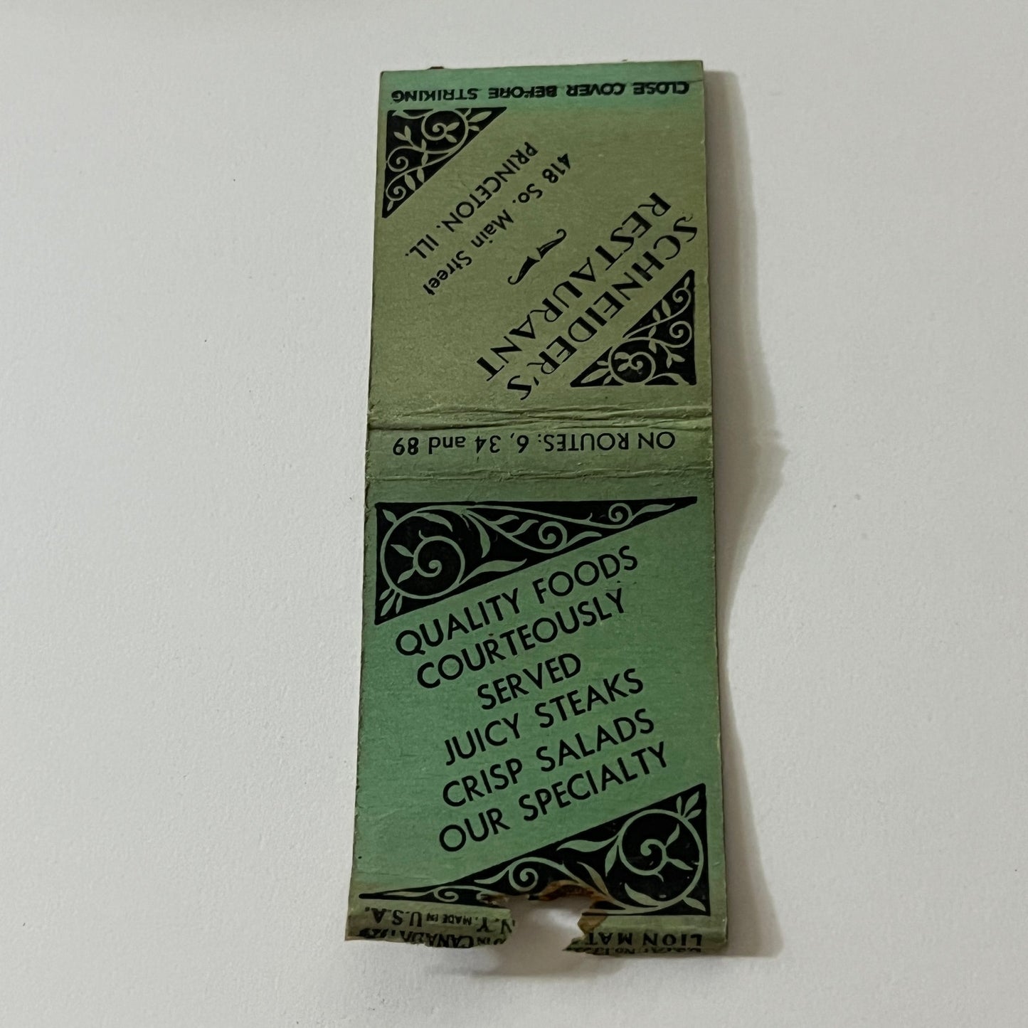 Schneiders Restaurant Princeton IL Vintage Matchbook TB6-MB2-11