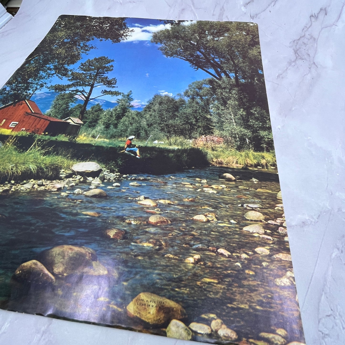 Retro Kitsch Lady Fishing Red Barn Stream Scene Vintage 11x14" Art Print V21
