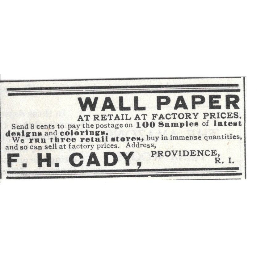 F.H. Cady Wall Paper Providence Rhode Island 1892 Ad AG2-S22