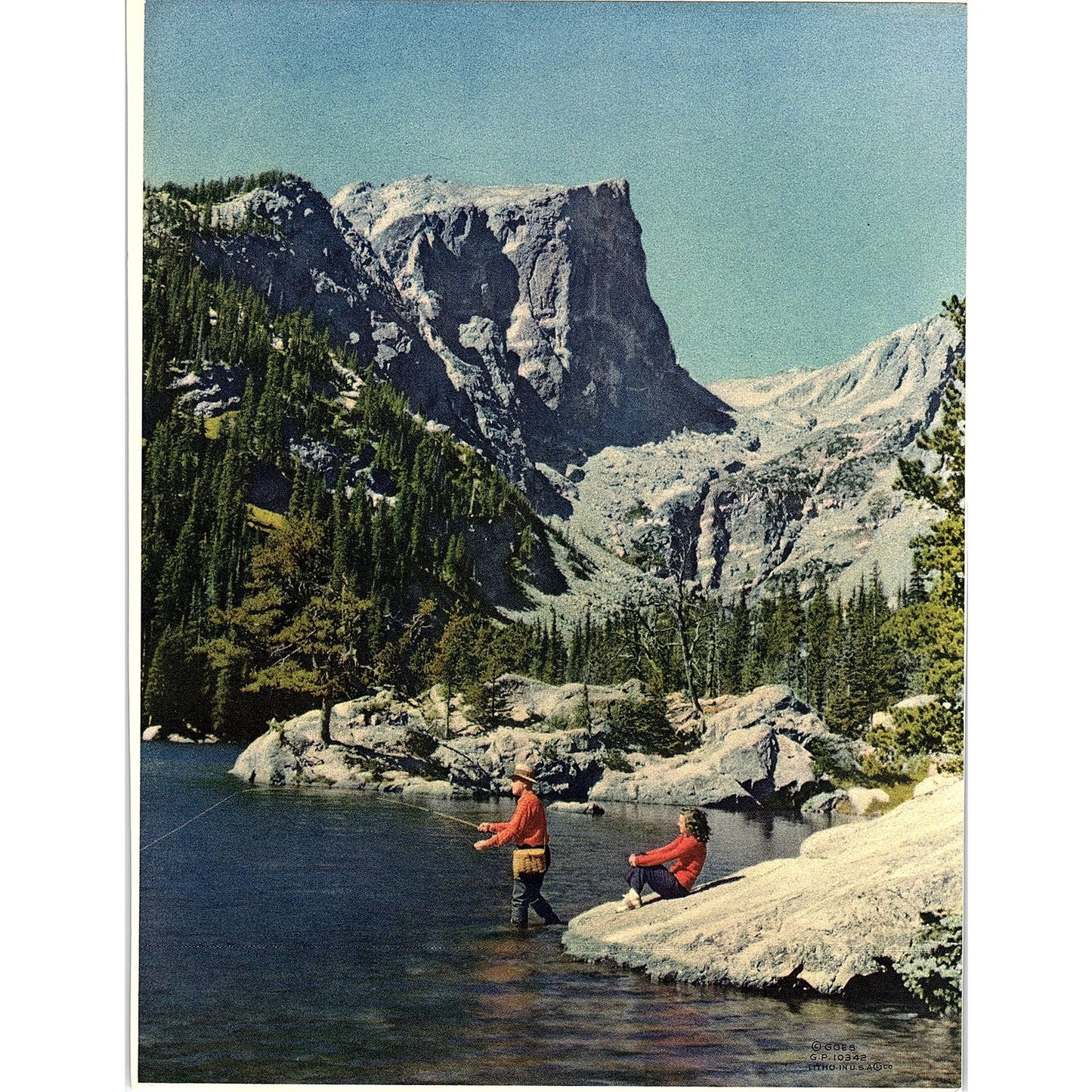Retro Kitsch 1940s Lithograph Green Lake Rocky Mountains Fishing Print 6x8" V17