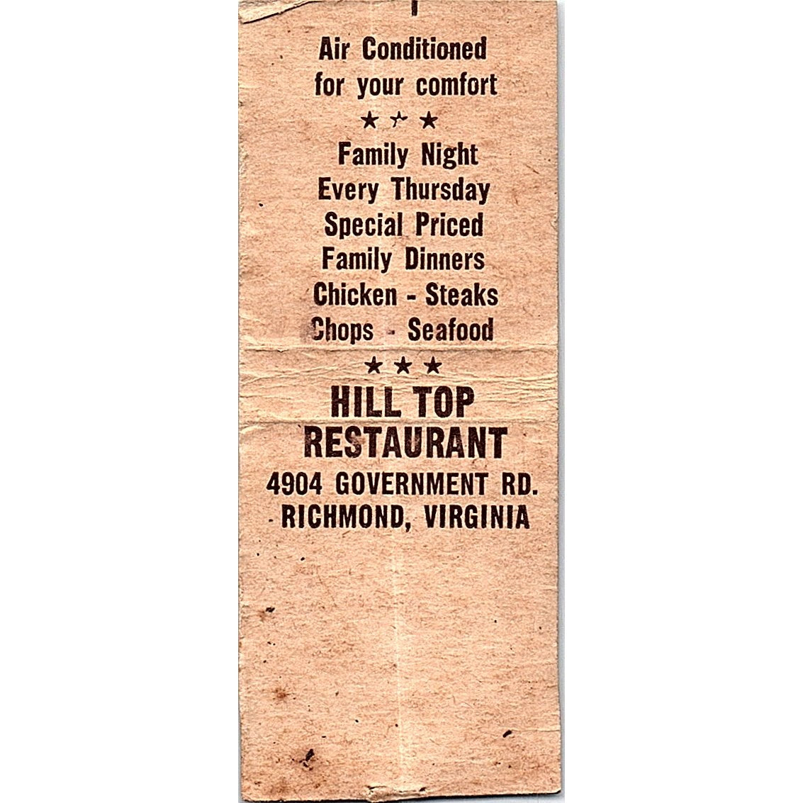 Hilltop Restaurant Richmond VA Vintage Matchbook Cover SC7-Y10