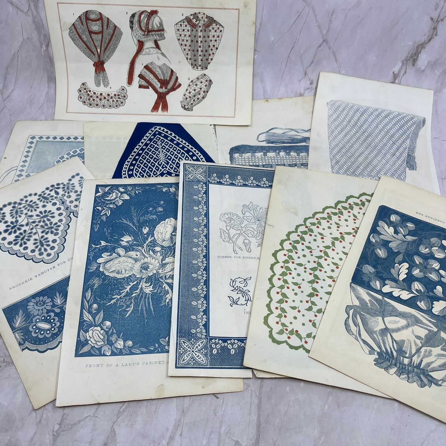 Lot of Original Tinted Embroidery Sewing Patterns 1857 Godey's Book TH9-MG6