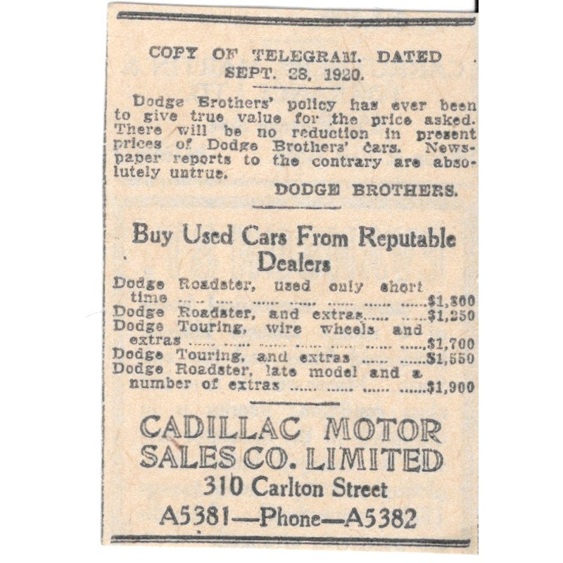 Cadillac Motor Sales Co Ltd 310 Carlton St. Winnipeg 1920 Ad AG2-S7