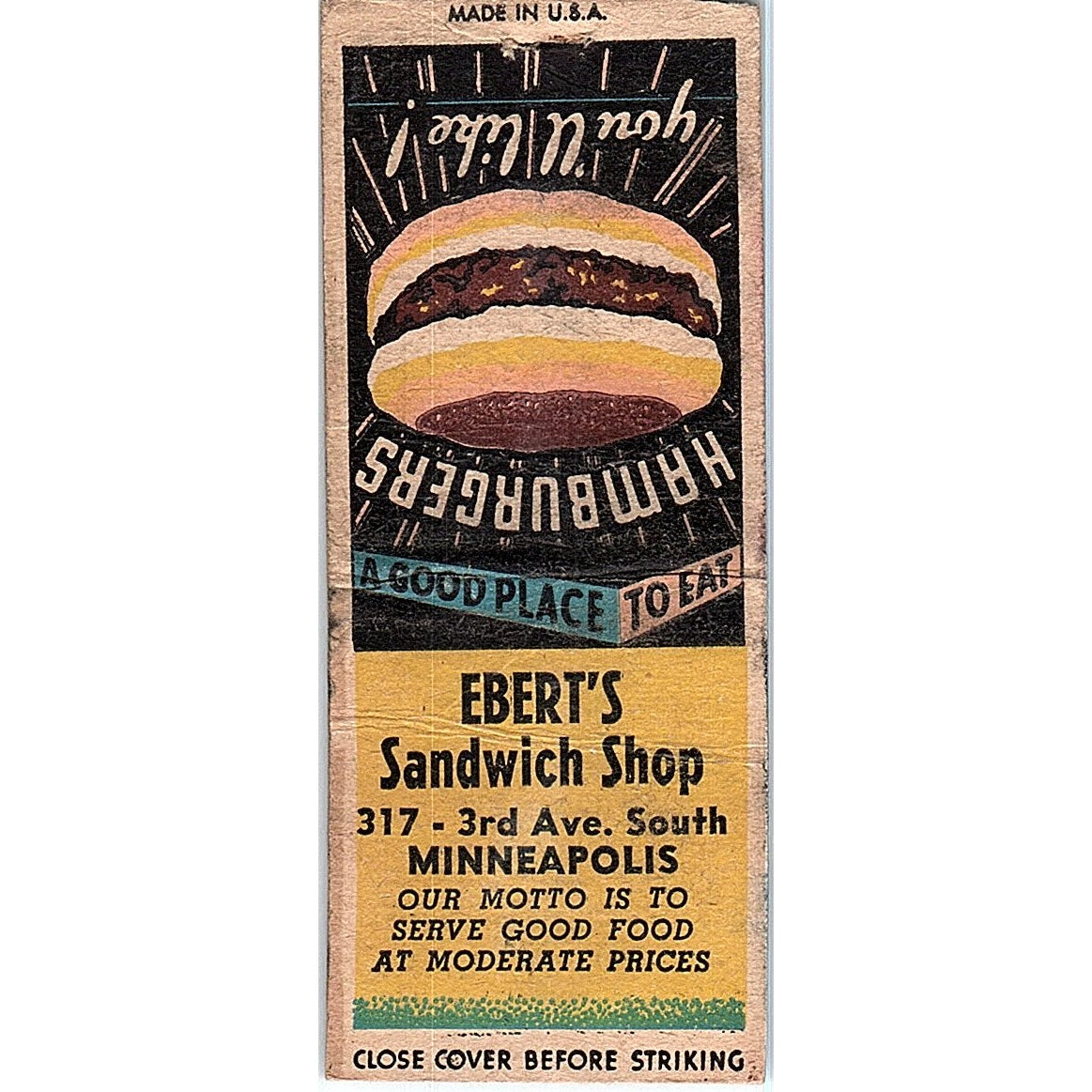 Ebert's Sandwich Shop Minneapolis Vintage Matchbook Cover SF3-Y7