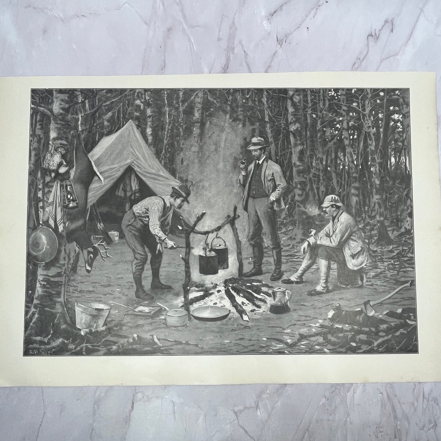 Supper in Camp - Original 1904 A.B. Frost Art Print V14-3