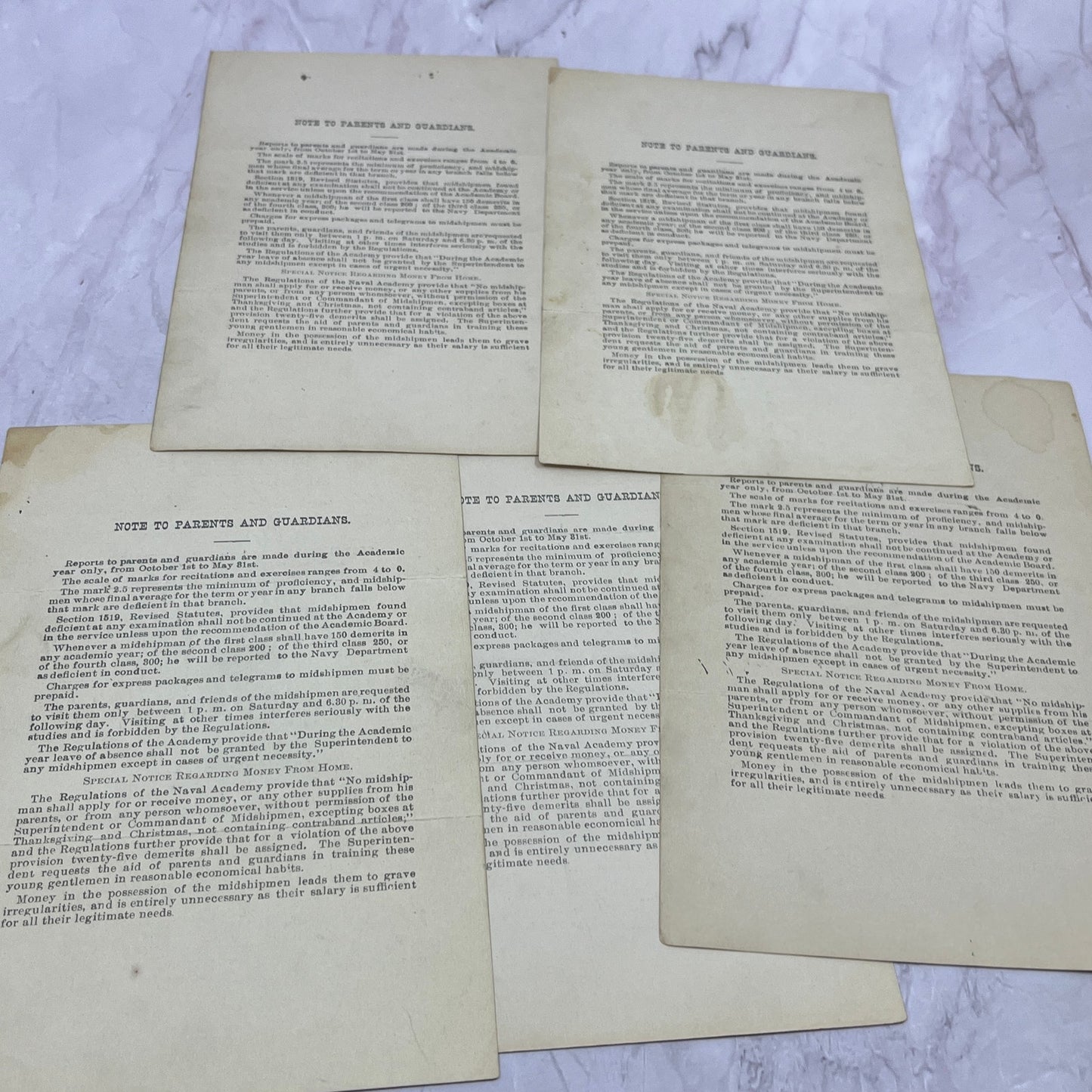 1916 Lot of 5 WWI Era US Naval Academy Midshipman JGM Stone Report Card TC5-RD