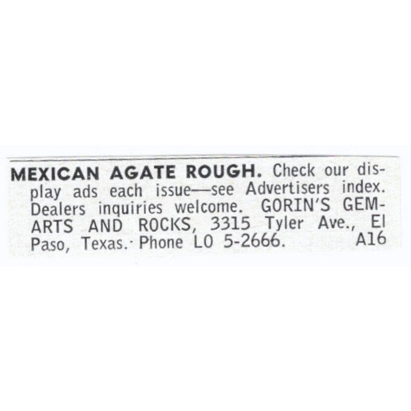 Gorin's Gem-Arts and Rocks Mexican Agate El Paso TX 1964 Magazine Ad AB6-LJS9
