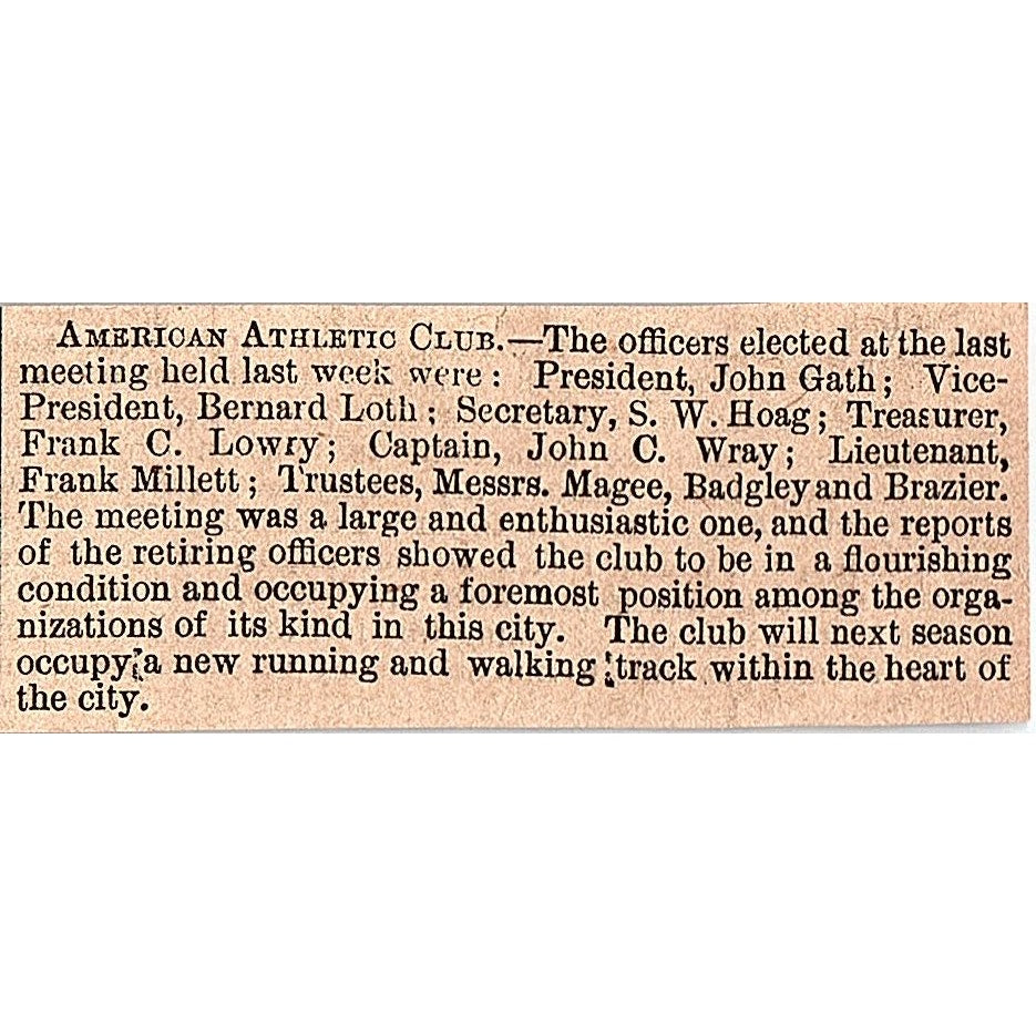 American Athletic Club Officer Election John Gath 1878 Article AG2-S15