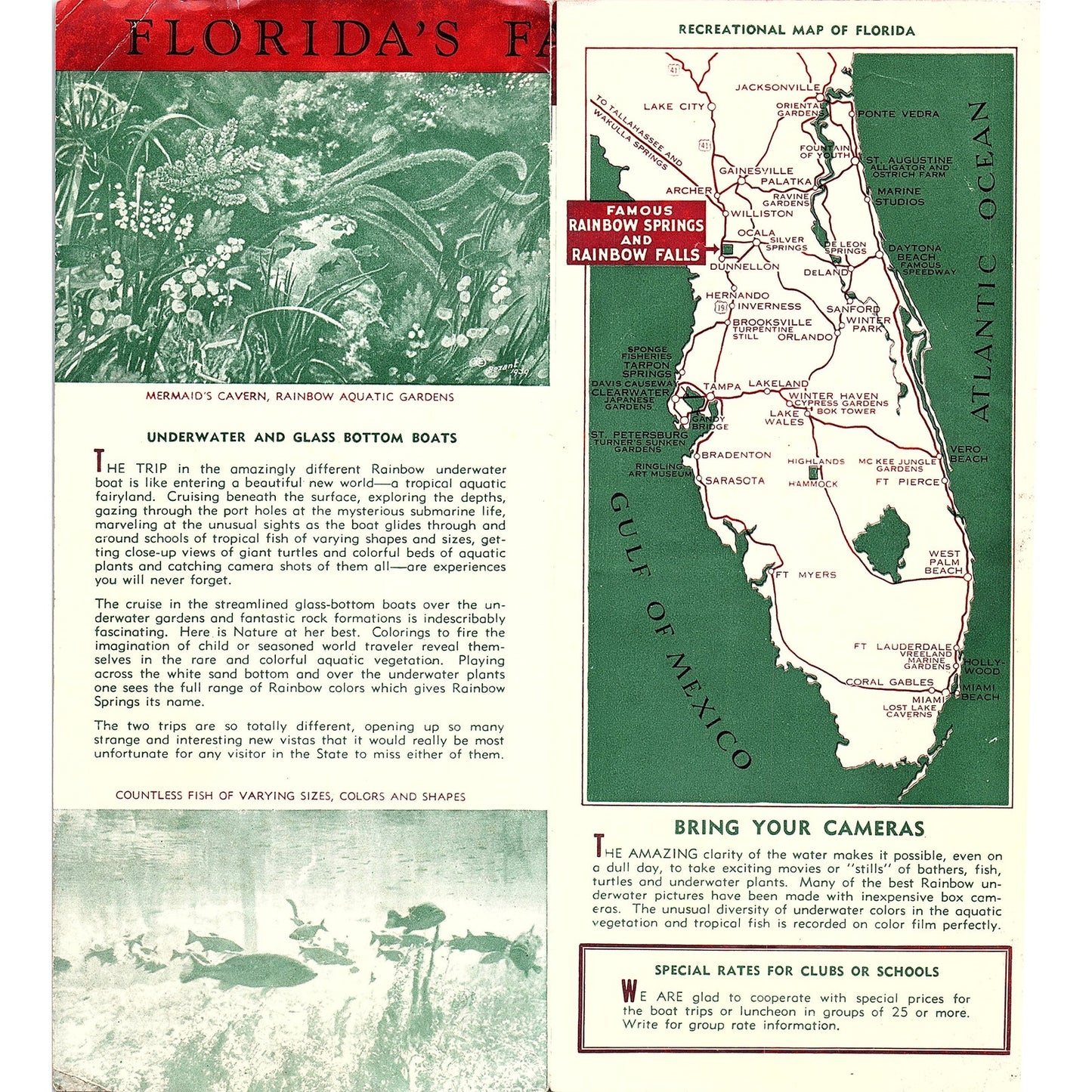 c1940 Rainbow Springs FL Glass Bottom Boat Tour Fold Out Travel Brochure TH2-TB2