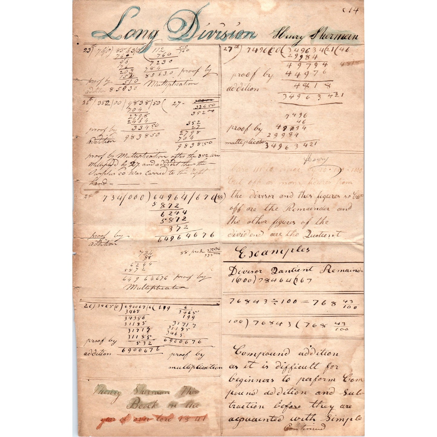 1841 Original School Work Henry Sherman Long Division D20