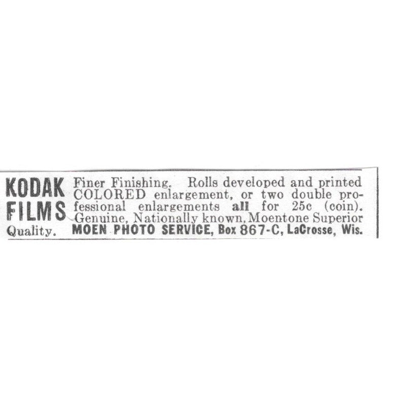 Moen Photo Service Kodak Films LaCrosse WI 1936 Ad SAG4-S12