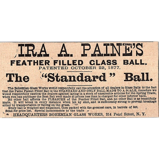 Ira A Paine's Feather Filled Glass Ball Bohemian Glass Works NY 1878 ad AG2-H4