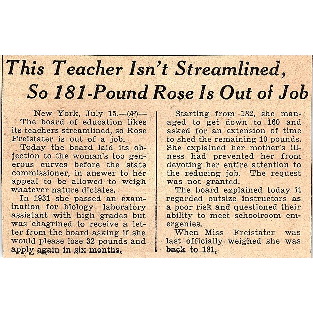 Rose Friestater 181 Pound Teacher Fired 1935 Newspaper Article AG6-M3