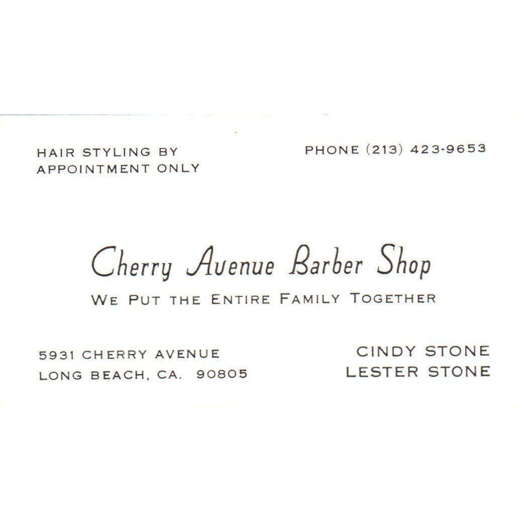 Cherry Ave Barber Shop Cindy & Lester Stone Long Beach Vtg Business Card SD8-B9