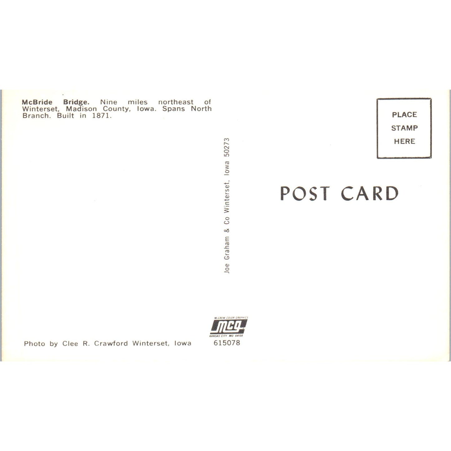 McBride Bridge Winterset Madison County IA Vintage Covered Bridge Postcard PC16