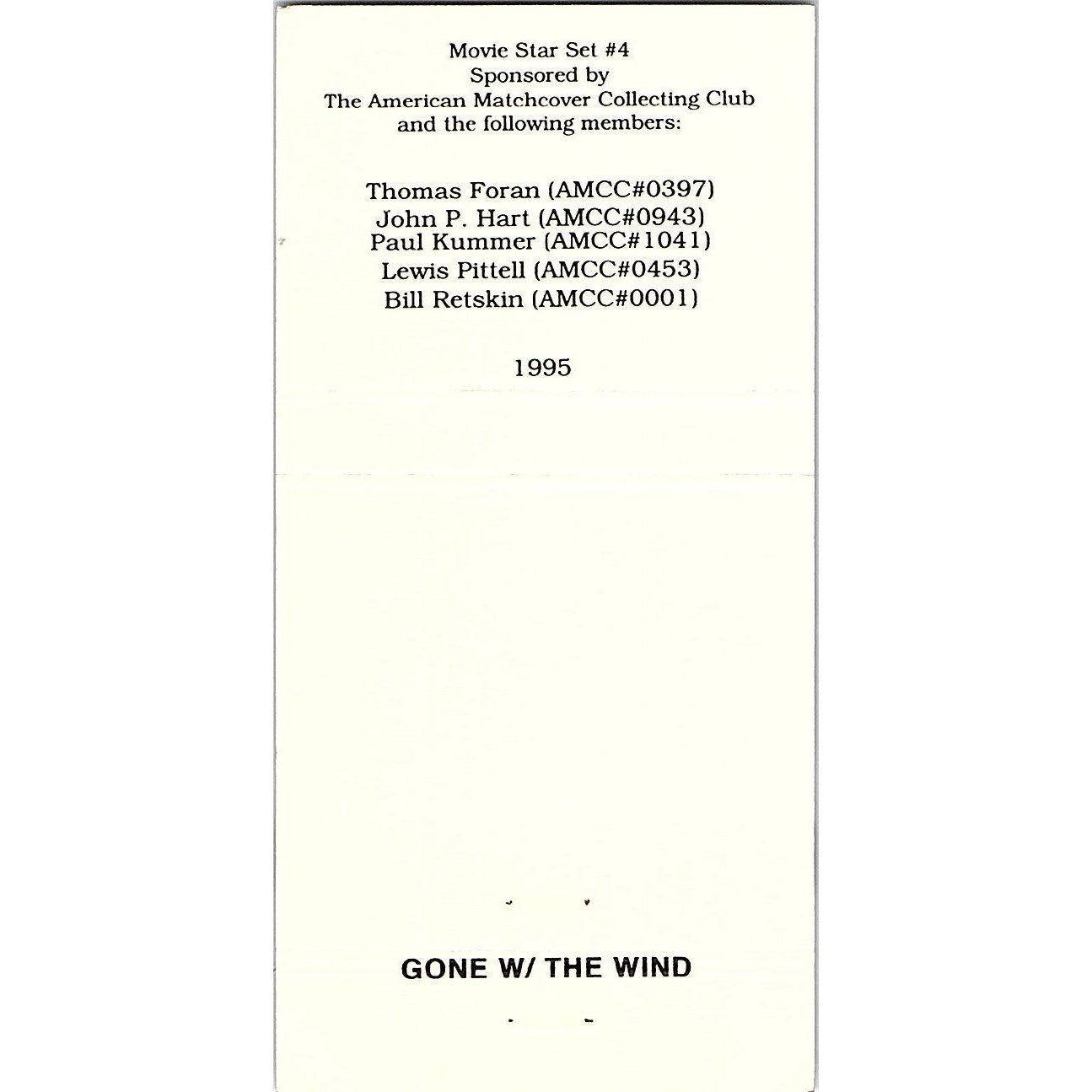 Gone With the Wind Poster Matchcover 1995 Vintage Matchbook TB6-MB2-7