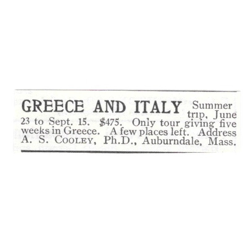 Greece and Italy Travel A.S. Cooley Auburndale MA 1903 Ad AG3-S13