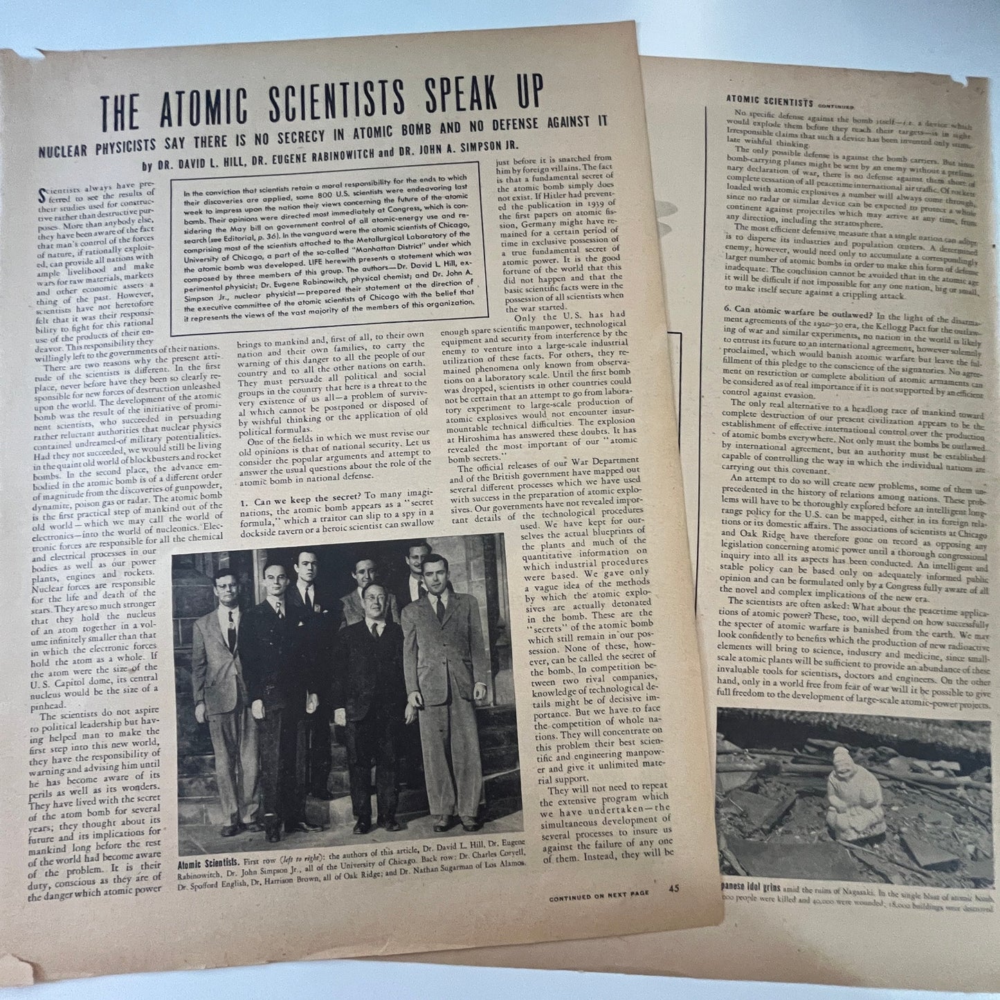 Atomic Scientists Speak Up Hill Rabinowitz 2 Pages 1940s WWII Era Article V29-5