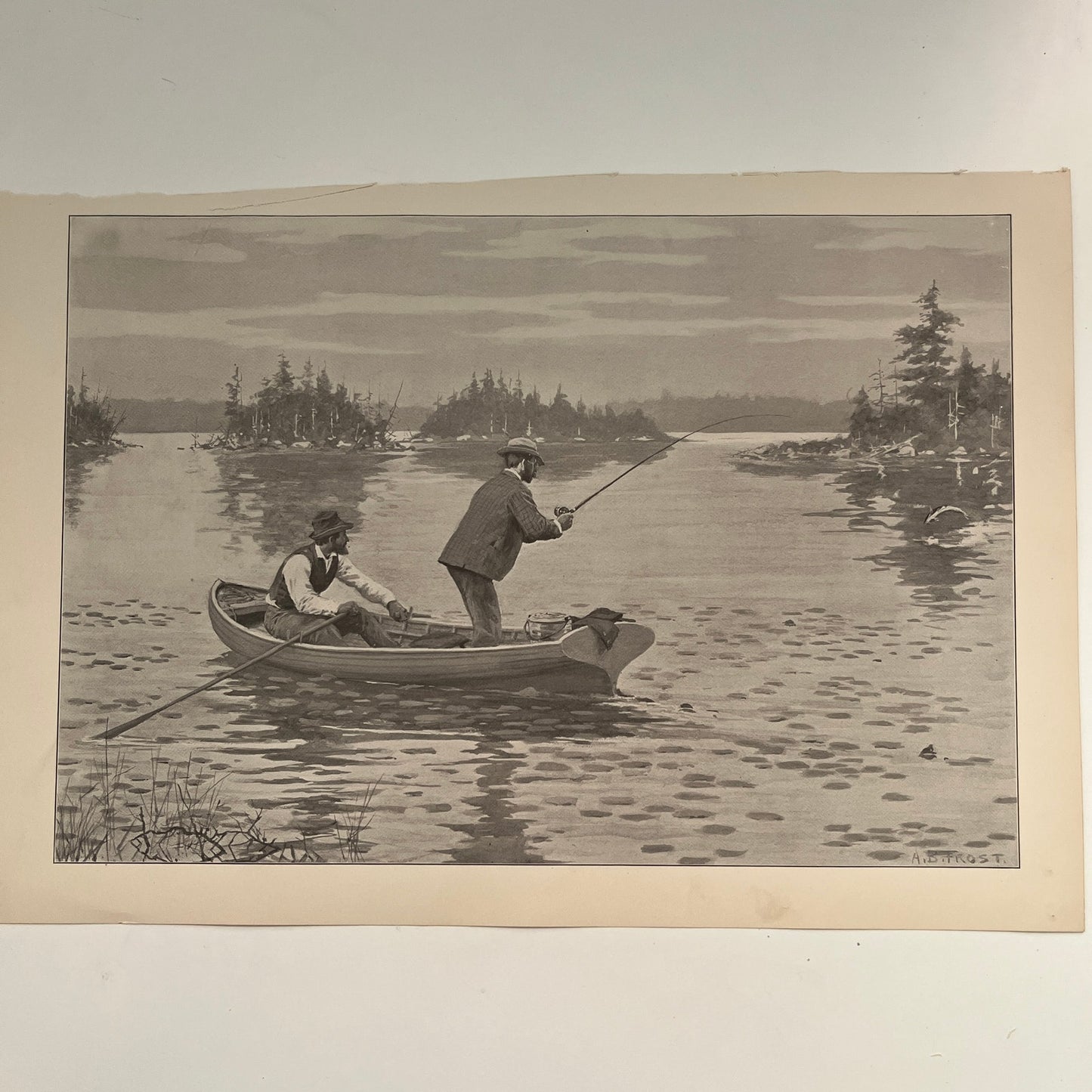 Muskallonge Fishing - Boat Fishing Scene - Original 1904 A.B. Frost Print V26-4