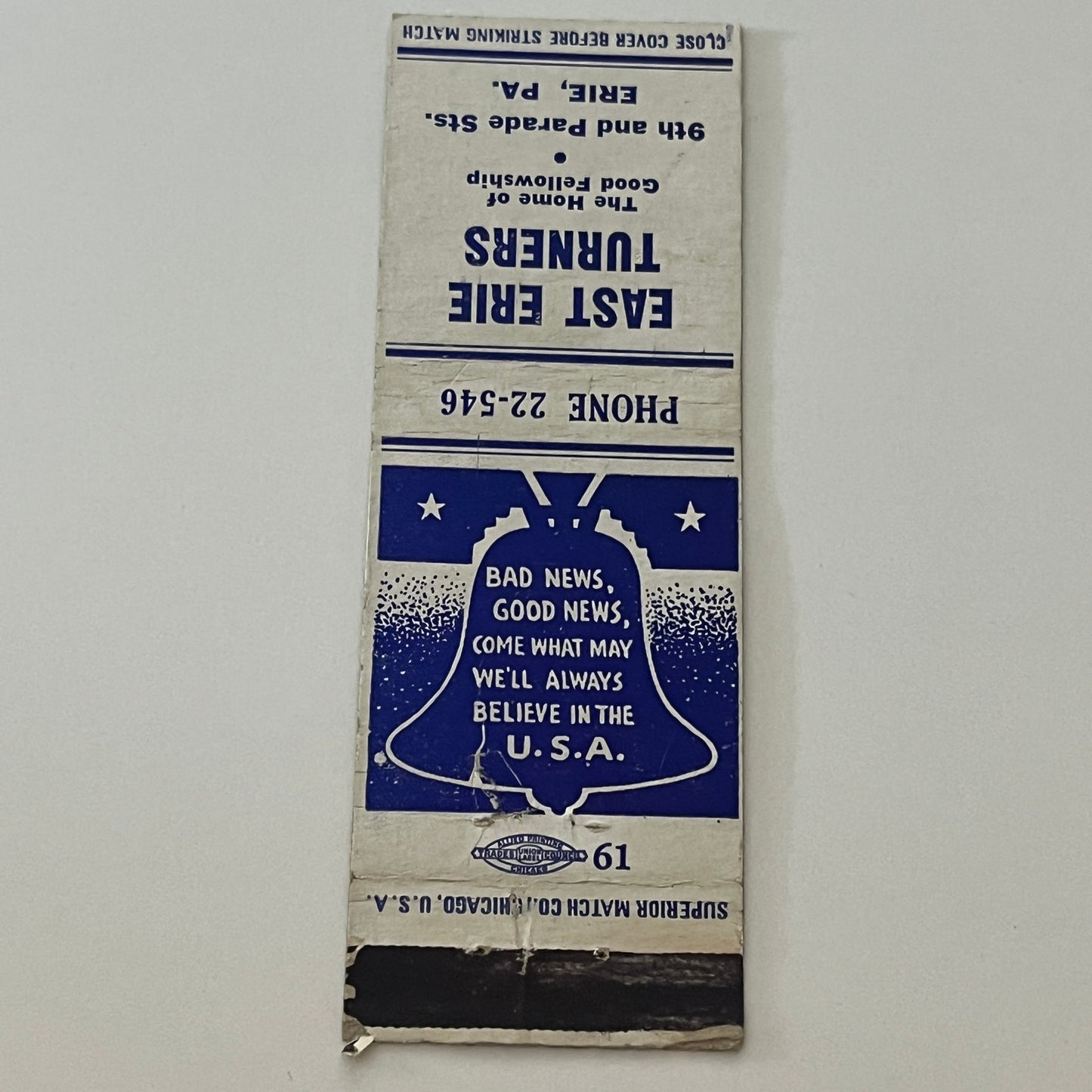 East Erie Turners 9th & Parade Sts. Erie PA Matchbook Cover TB6-MB2-4