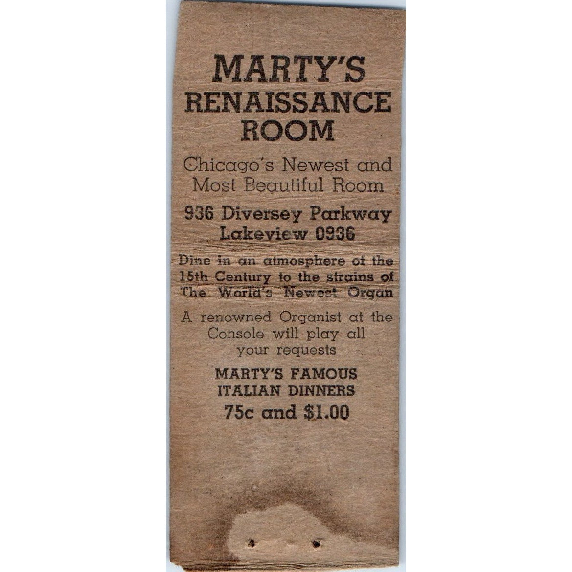 Marty's Renaissance Room Italian Restaurant Chicago Vintage Matchbook SD4-Y9