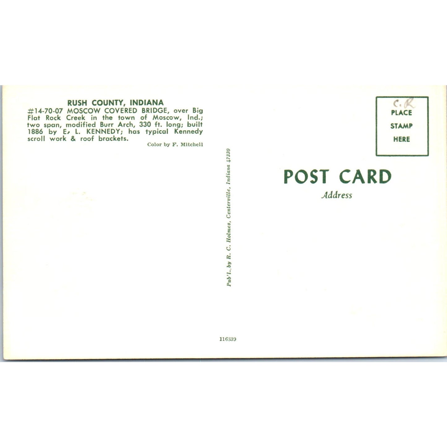 Rush County Indiana Flat Rock Creek Moscow Covered Bridge Postcard PC8