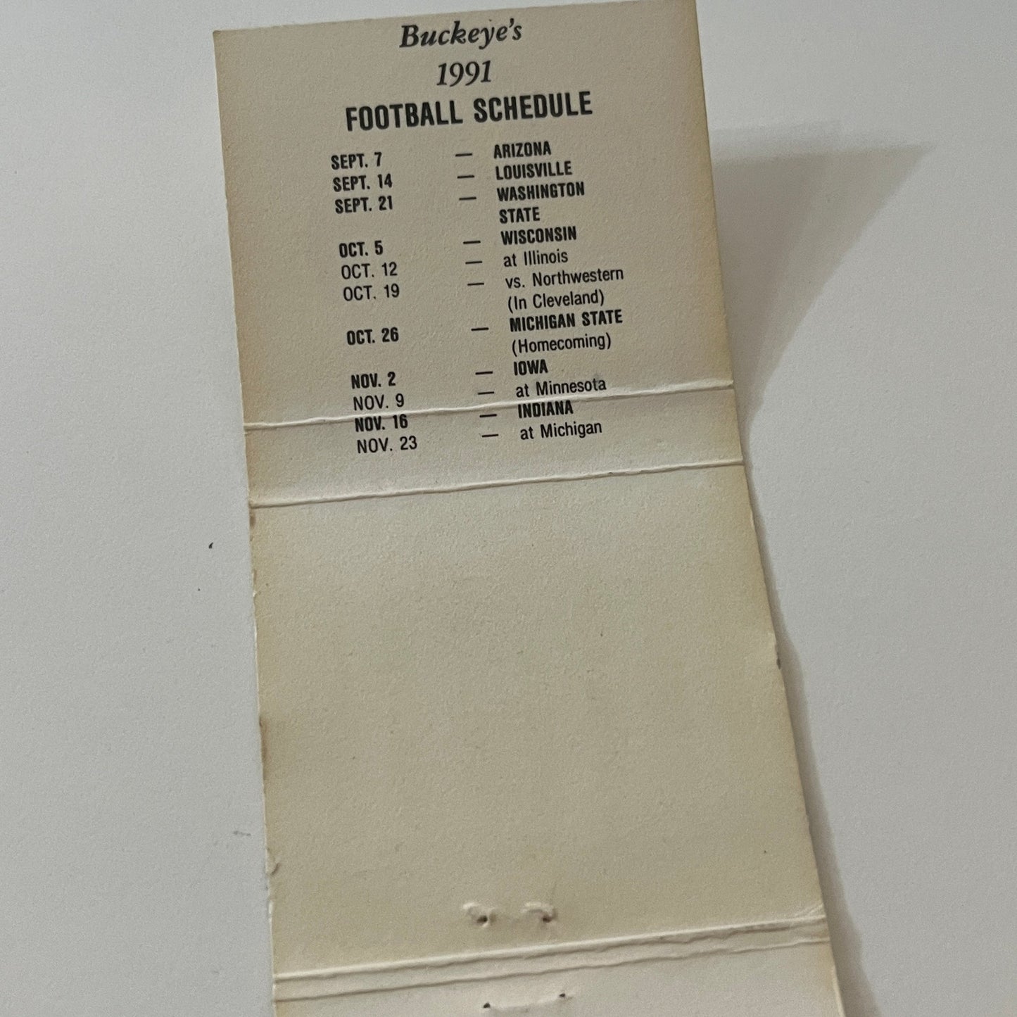 The Buckeye Connection 1991 Buckeyes Football Schedule Matchbook Cover MM5-7