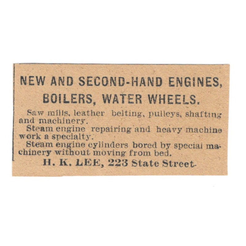 H.K. Lee Engines, Boilers, Water Wheels Hartford 1901 Newspaper Ad AD8-HS9
