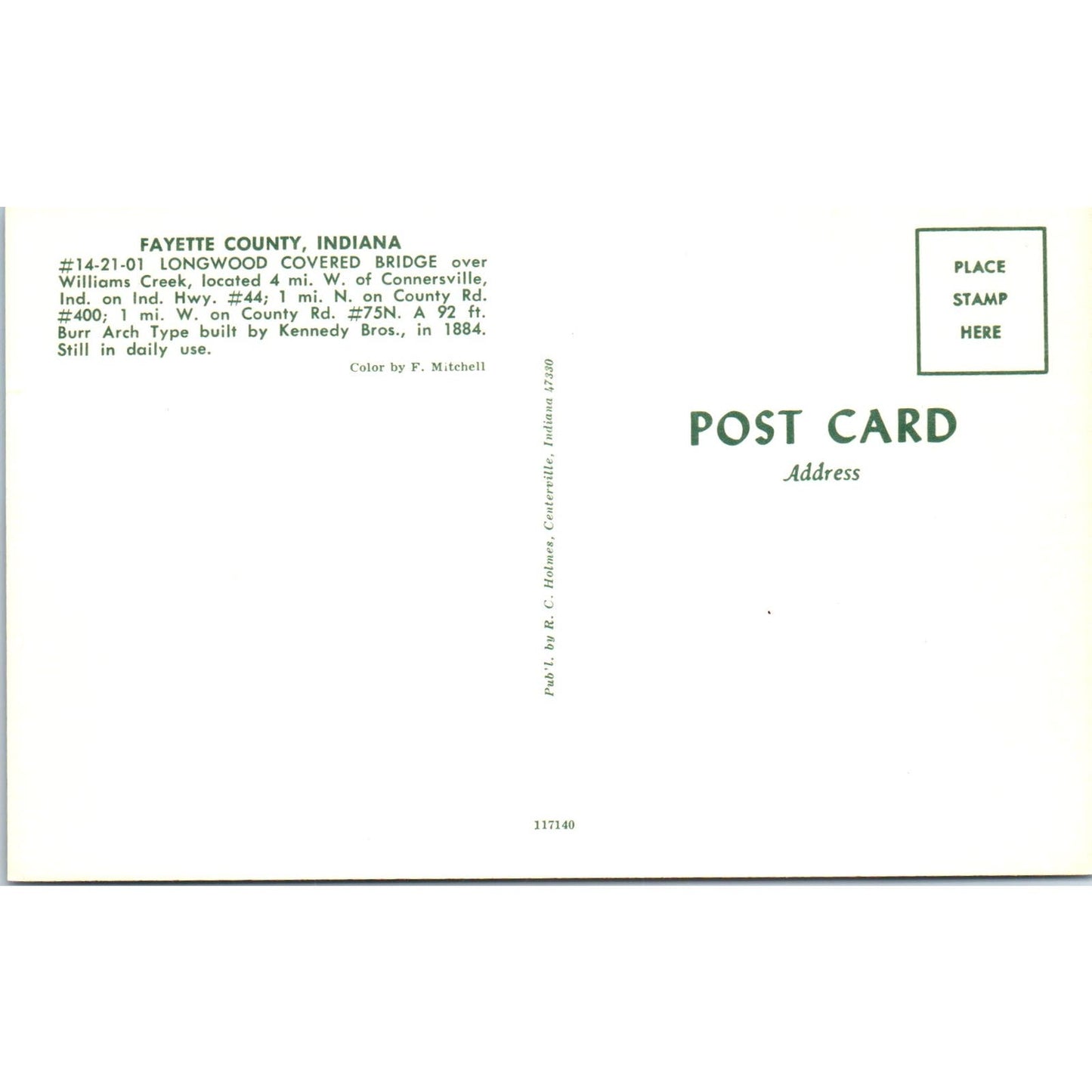 Longwood Bridge Williams Creek Fayette County IN Covered Bridge Postcard PB11