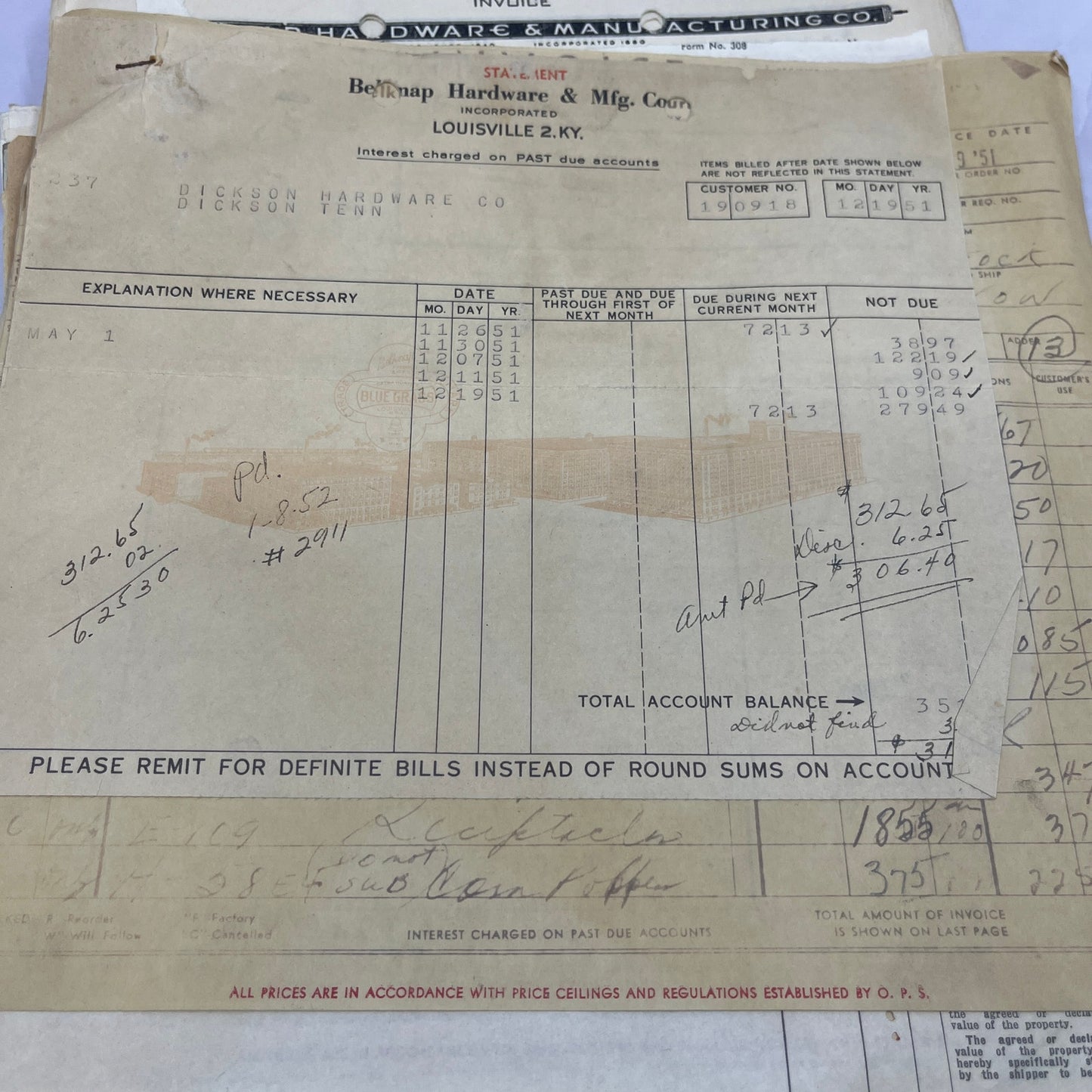 c1951 Huge Lot of Belknap Hardware & Mfg Co Louisville KY Billhead Invoices TC5