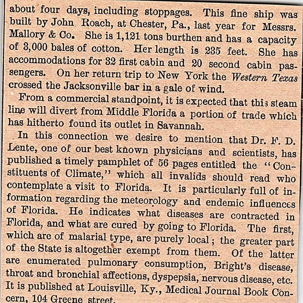 Steamer Lines to Florida Capt. Vogel, Arthur Leary 2 Pages 1878 Article AG2-7