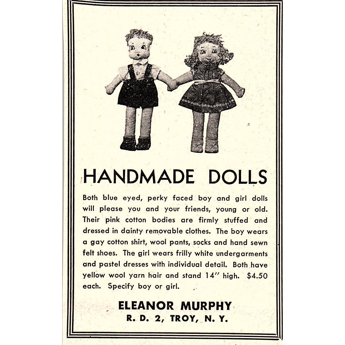 Eleanor Murphy Handmade Dolls Troy NY 1952 Yankee Magazine Ad SAG5-M3