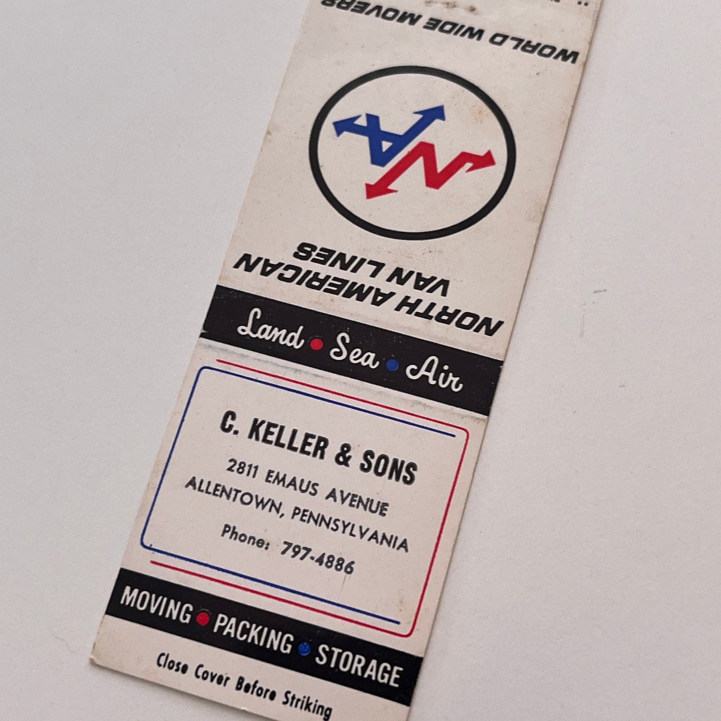 C. Keller & Sons North American Van Lines Allentown PA Matchbook Cover TB6-MB2-3