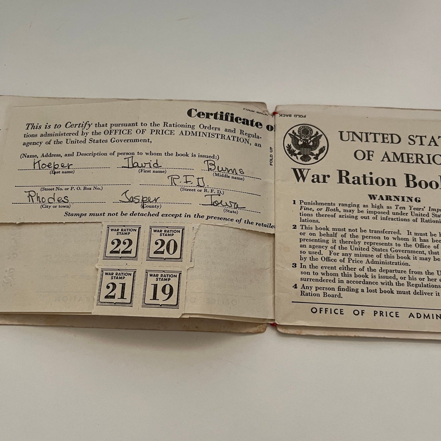 1942 WWII Ration Book Holder Baxter Mercantile OE Cunningham Baxter IA TK2-XB5