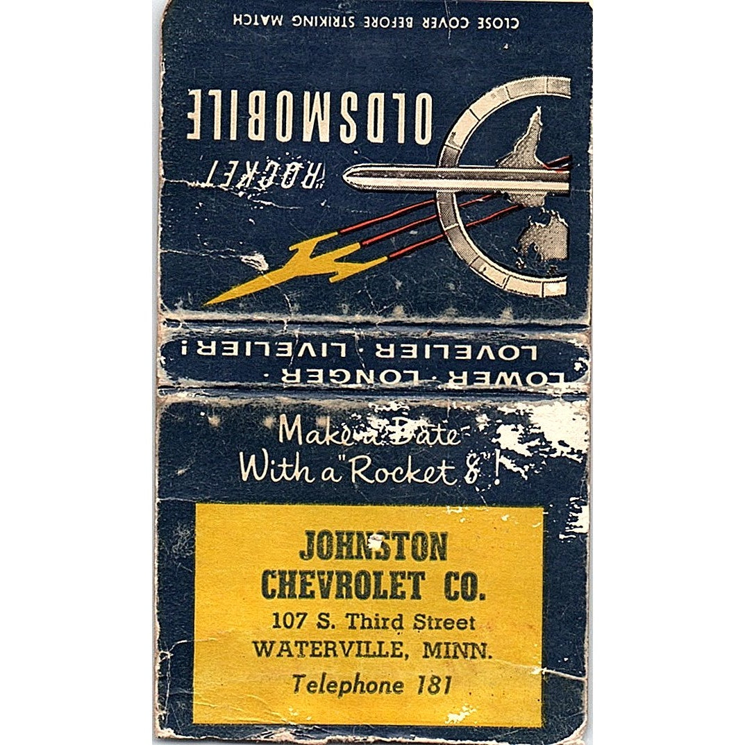 Oldsmobile Rocket Johnson Chevrolet Waterville MN Vintage Matchbook Cover SC7-Y3