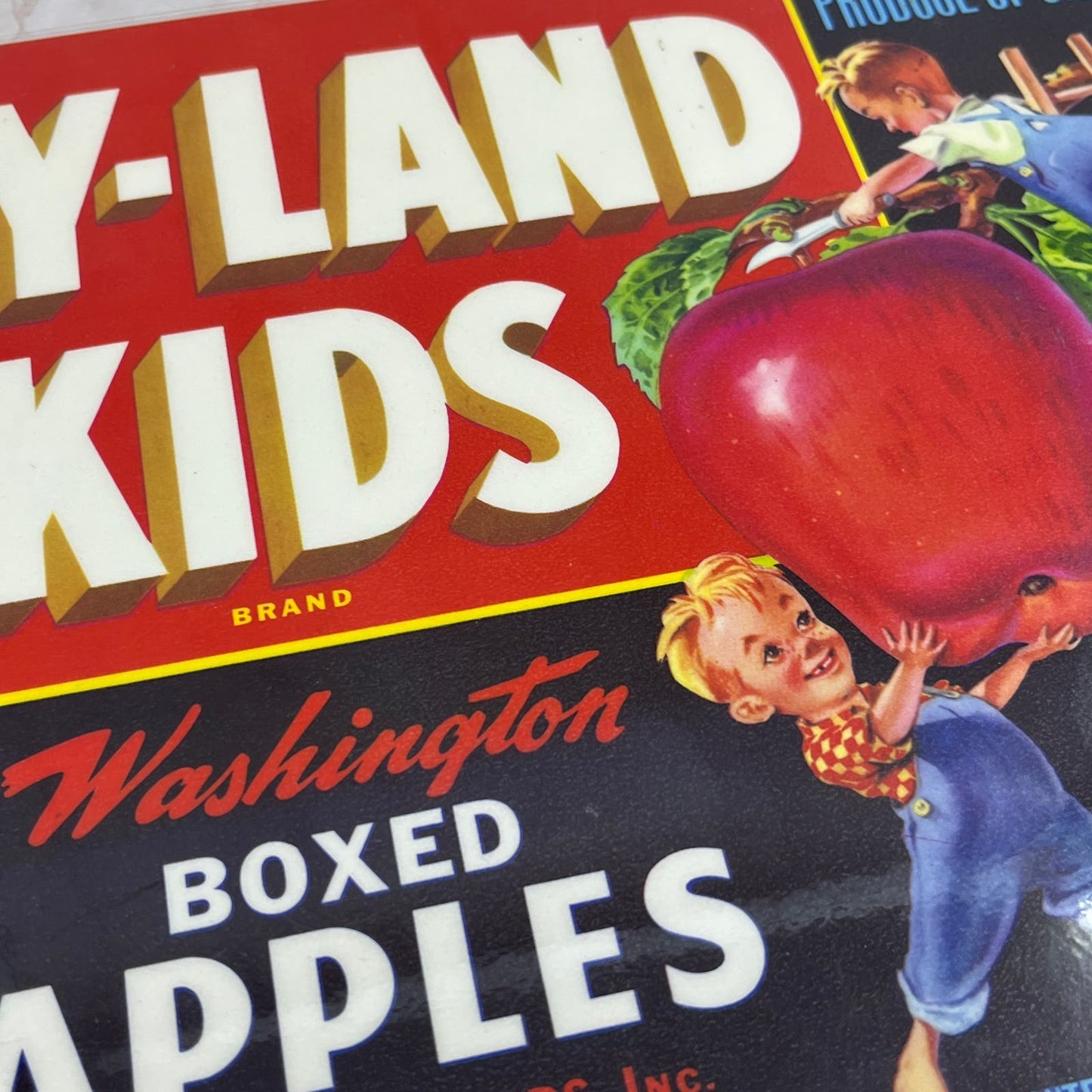 Original 1940s Crate Label Hy-Land Kids Washington Boxed Apples Laminated FL6-9