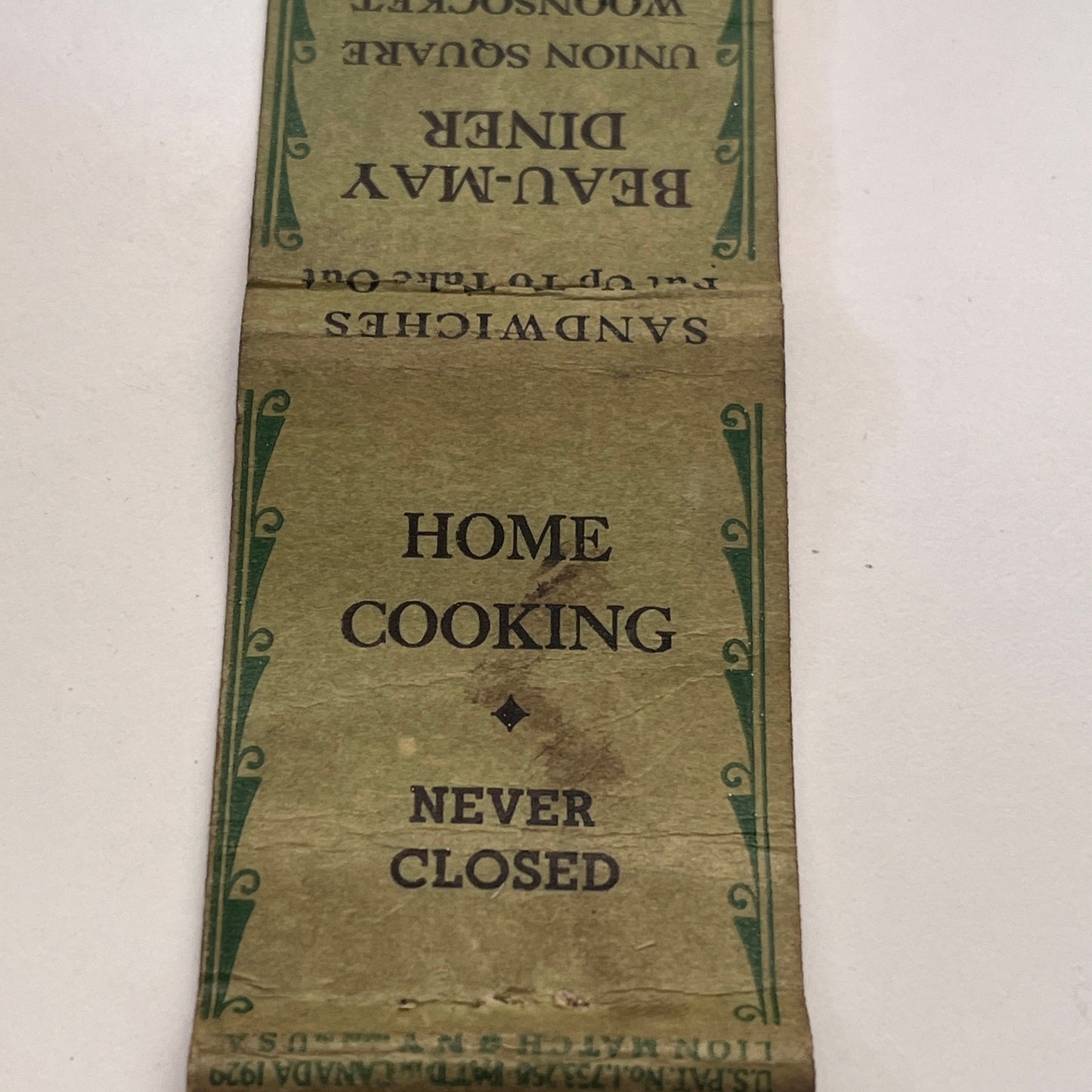 Beau-May Diner Union Square Woonsocket RI Vintage Matchbook Cover TB8-MB-15