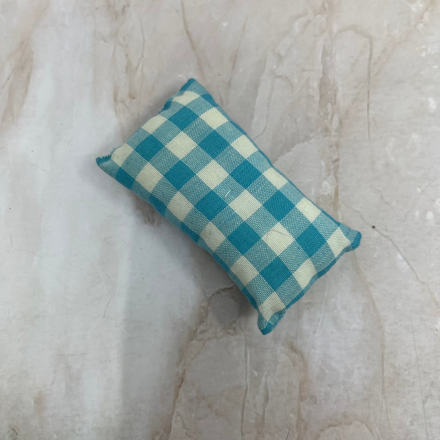 Retro Doll House Mattress and Pillow Handmade Blue Plaid 3x4.5" TE9