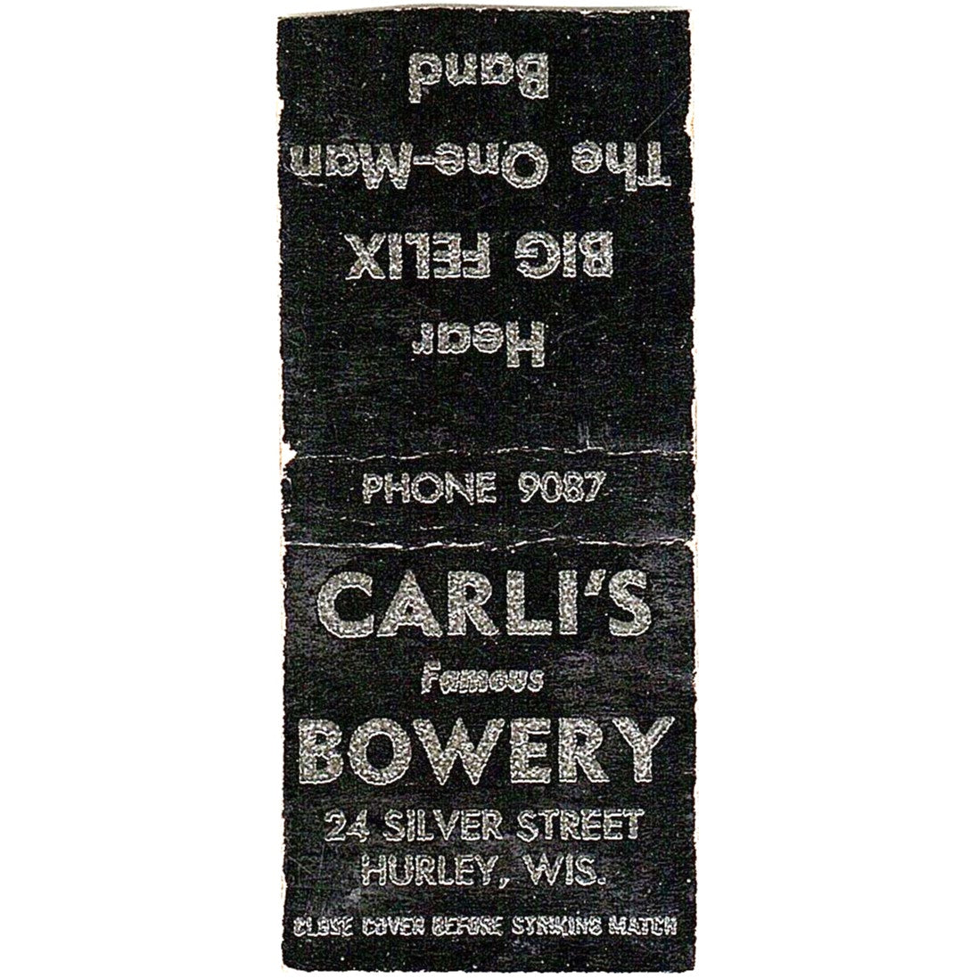 Carli's Famous Bowery Hurley WI Vintage Matchbook Cover SC7-Y9