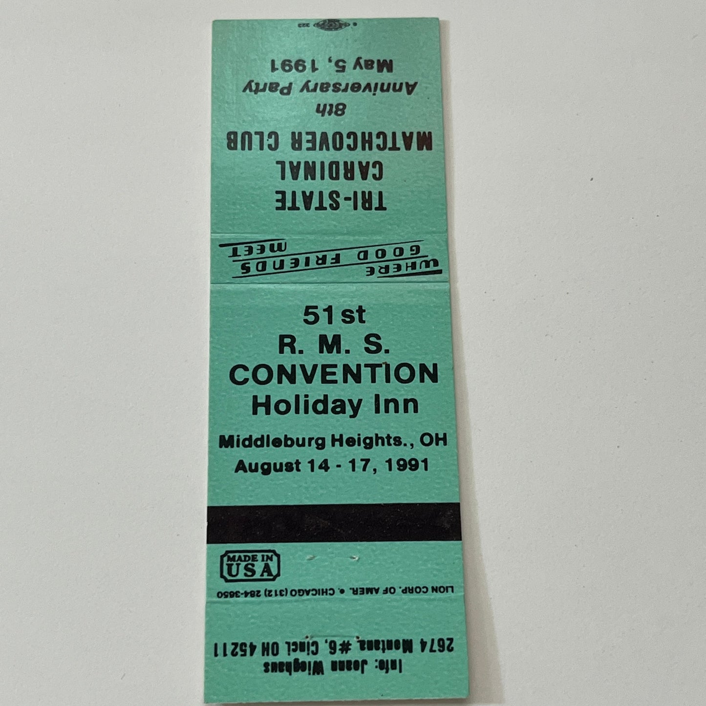 51st RMS Convention Middleburg Heights 1991 Vintage Matchbook Cover TB6-MB1-14