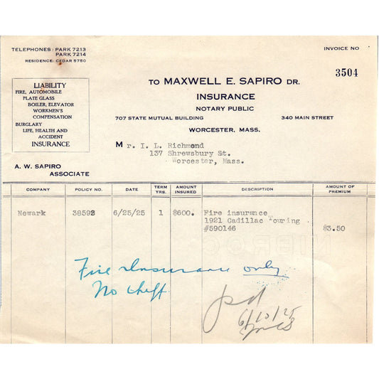 Maxwell E. Sapiro Ins Worcester 1925 Original Billhead Letterhead Receipt D8-LL