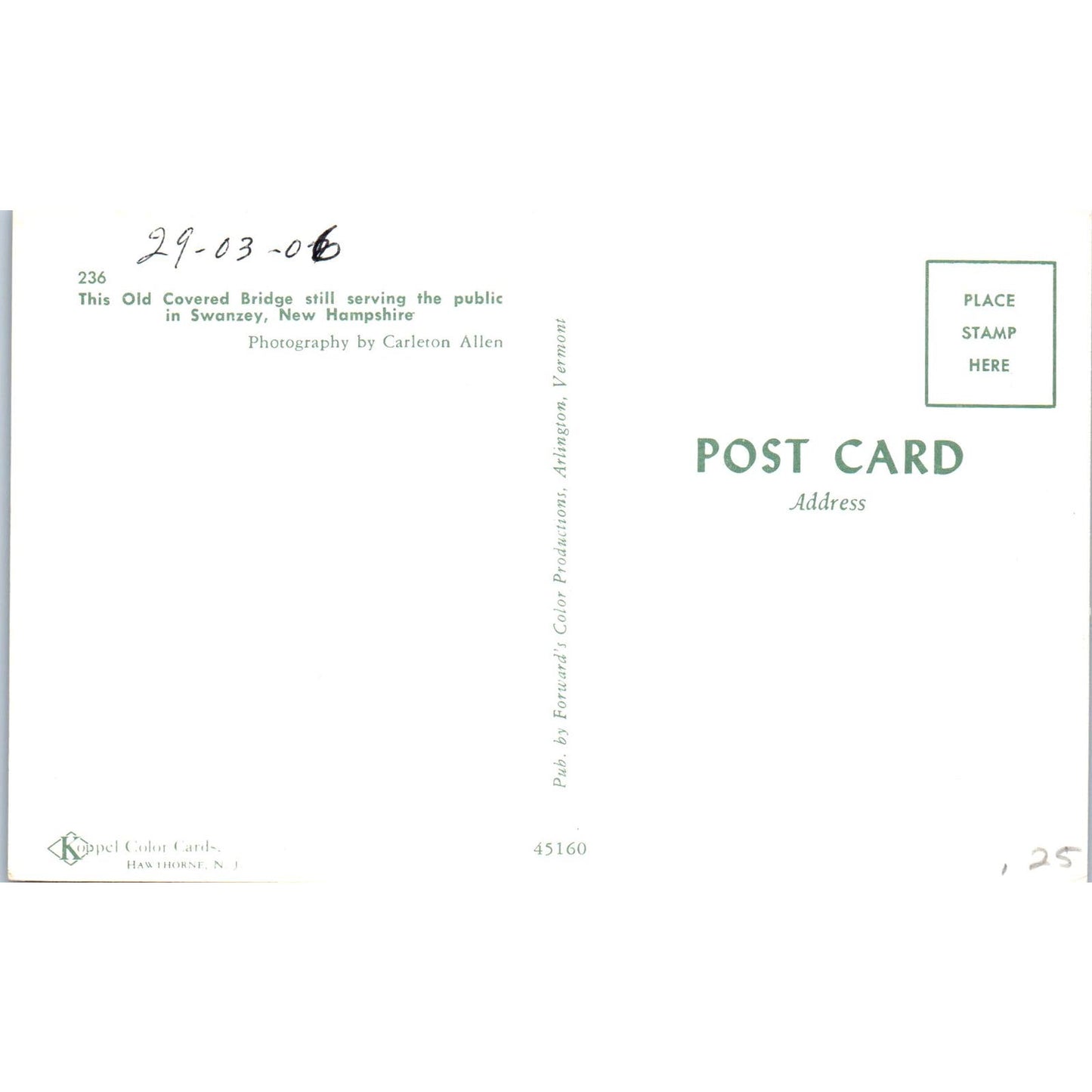 Old Covered Bridge in Swanzey New Hampshire Covered Bridge Postcard PC4