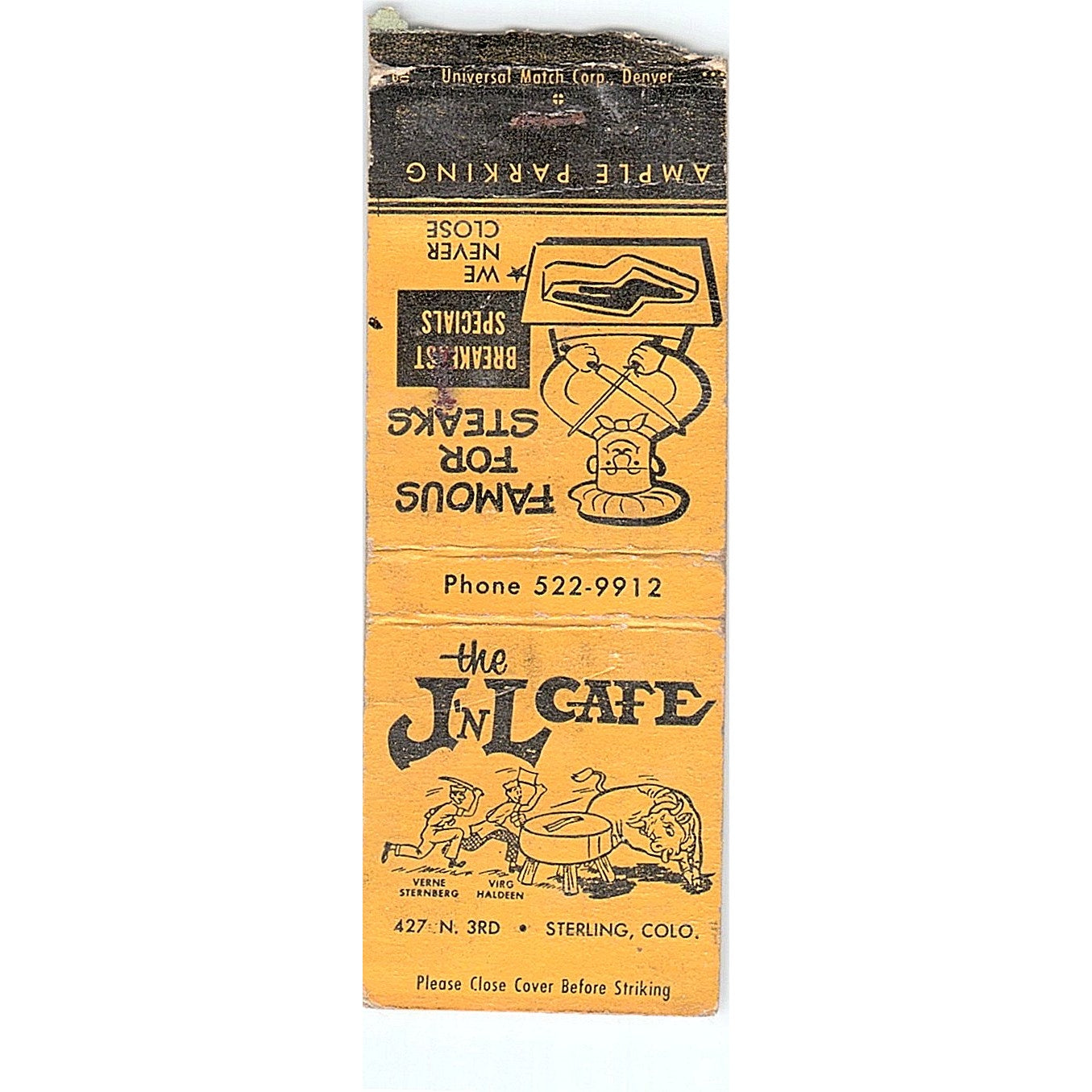 The J'nL Cafe Verne Sternberg Virg Haldeen Sterling CO Matchbook Cover SC7-Y8