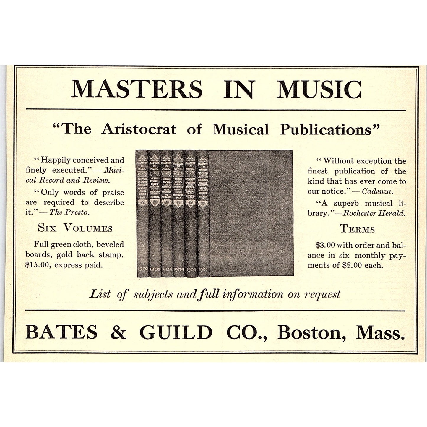 Masters in Music Bates & Guild Co Boston MA - 1908 Ad AF5-5