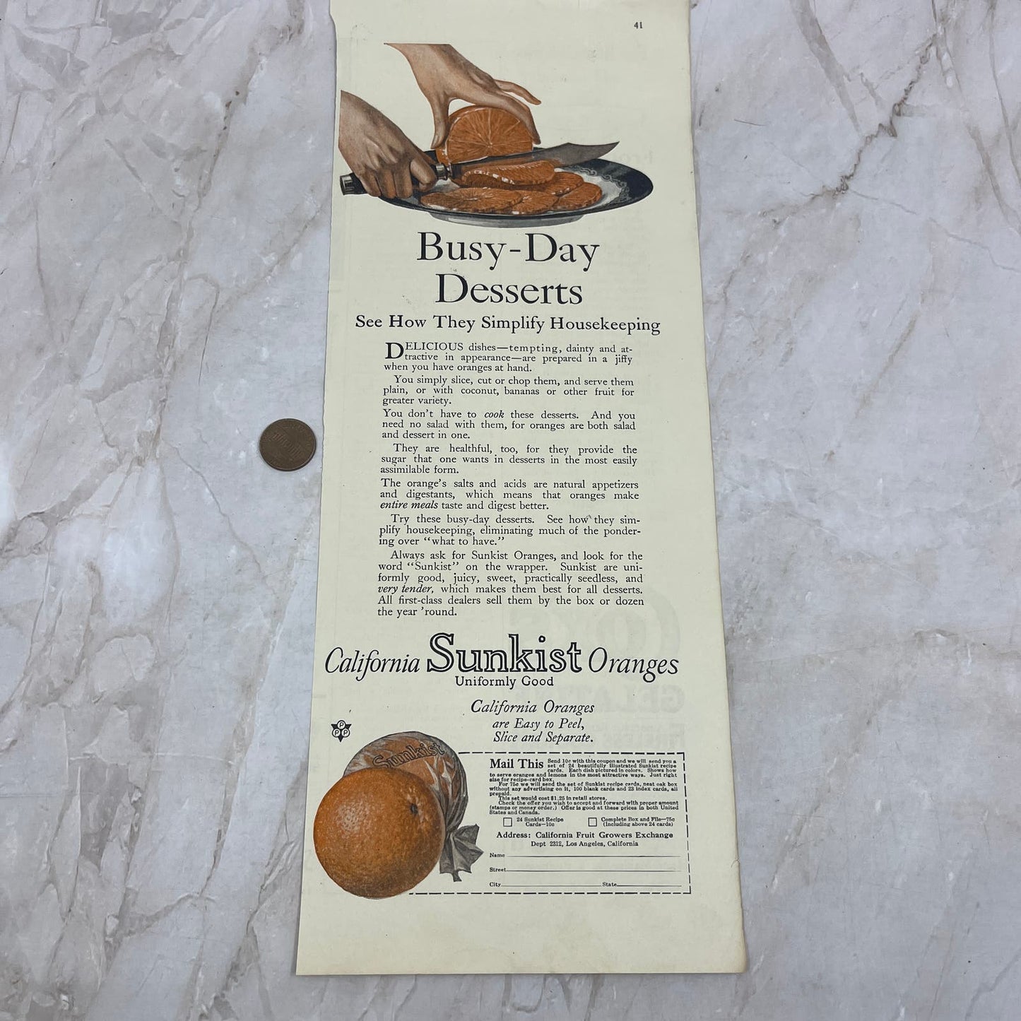 Sunkist Oranges Busy-Day Desserts 4.5x12 Vintage Magazine Advertisement FL6-6