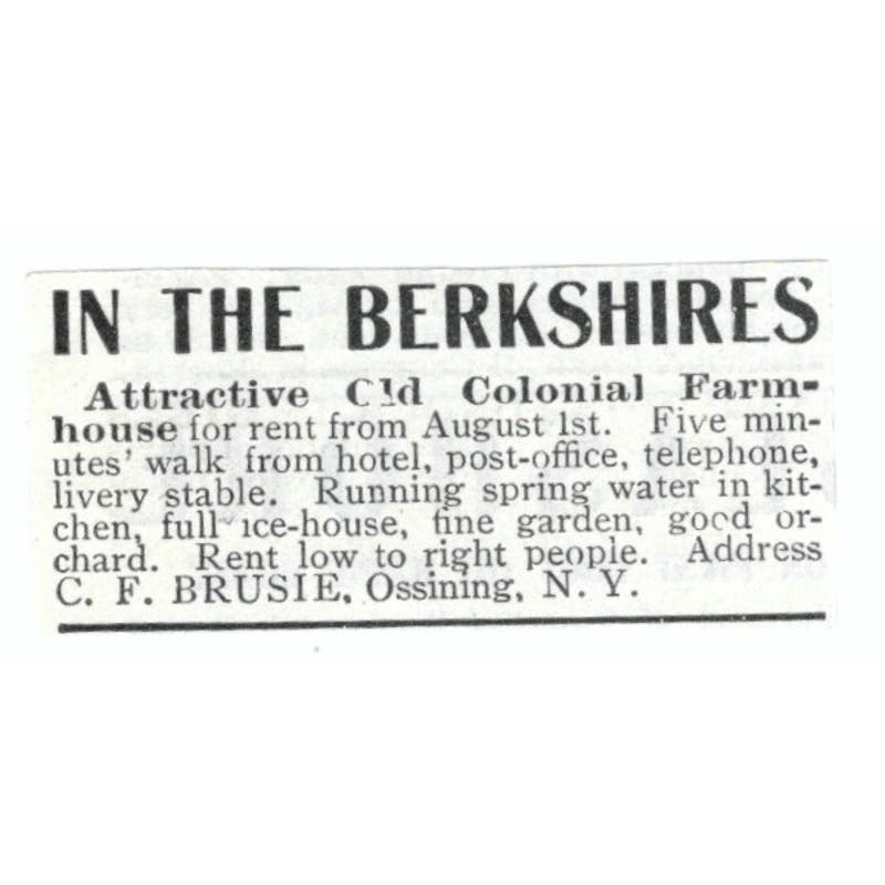 Colonial Farmhouse in the Berkshires C.F. Brusie Ossining NY c1918 Ad AE5-SV5