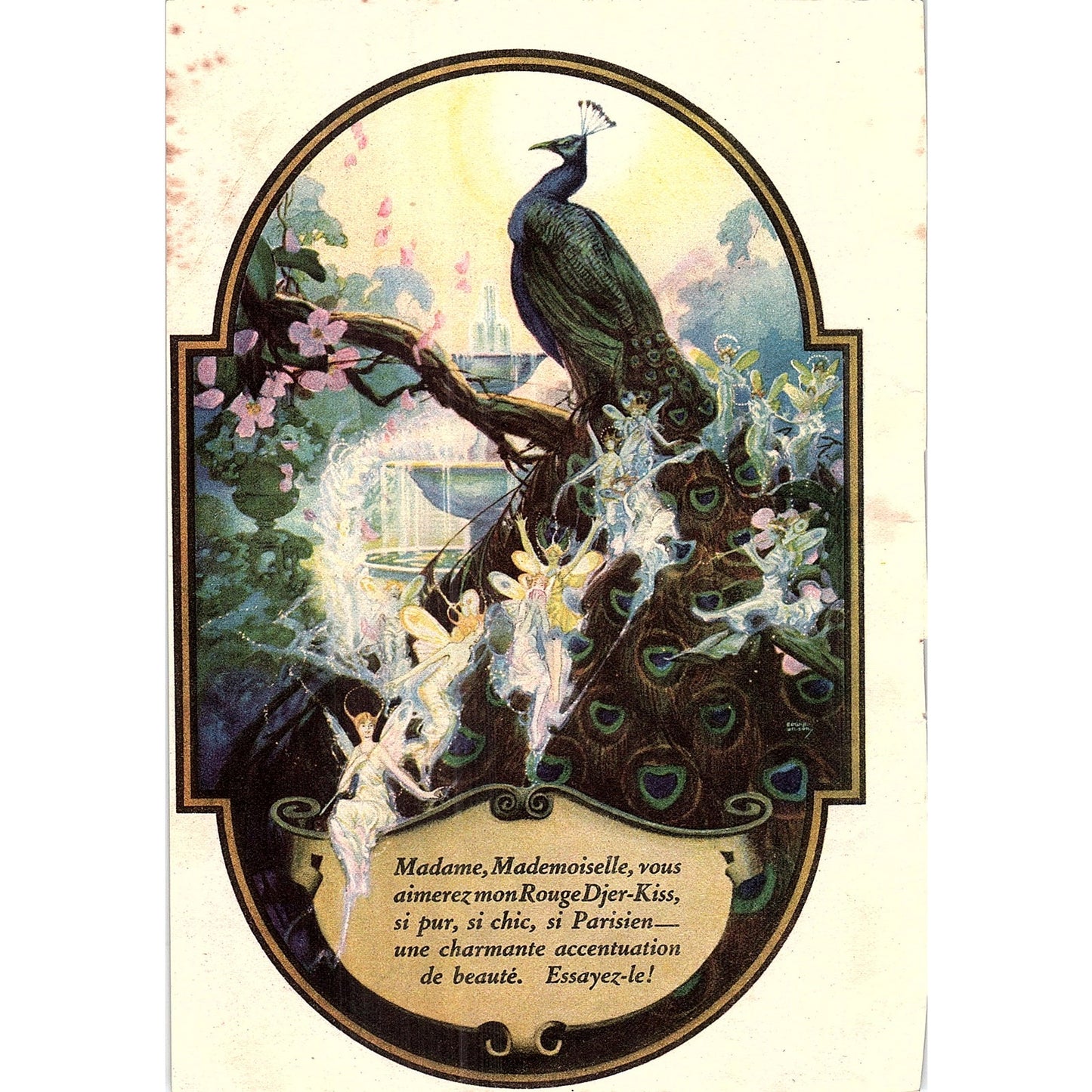 Rouge Djer-Kiss Parisian Perfume Peacock Litho 1921 Ad AF3-10