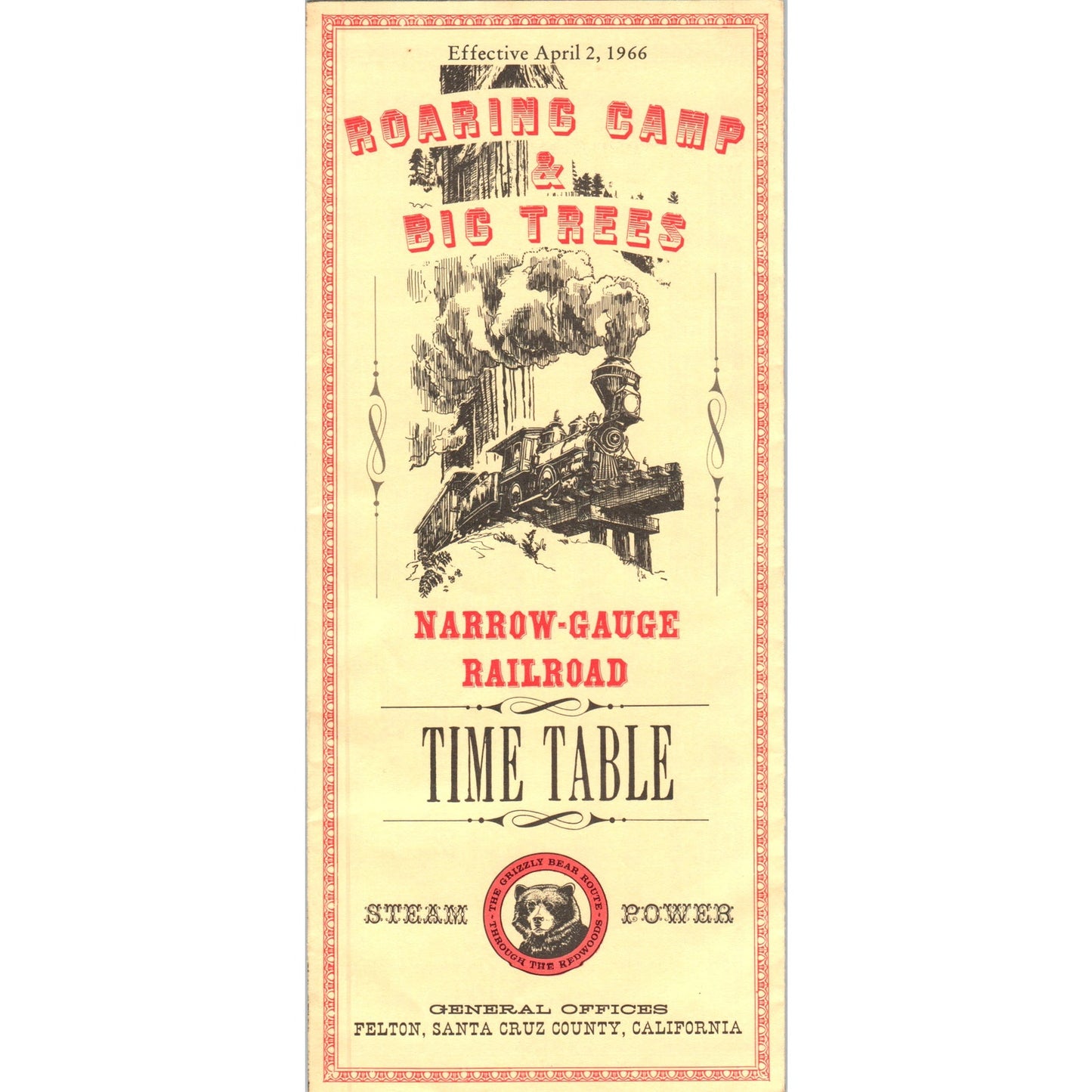1966 Roaring Camp & Big Trees Narrow-Gauge Railroad Timetable Santa Cruz TH9-CB