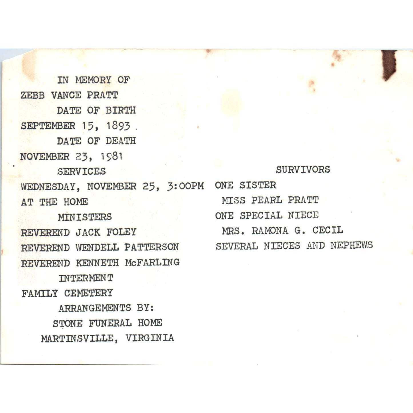 1981 Funeral Card Zebb Vance Pratt Martinsville Virginia AF1-RR2