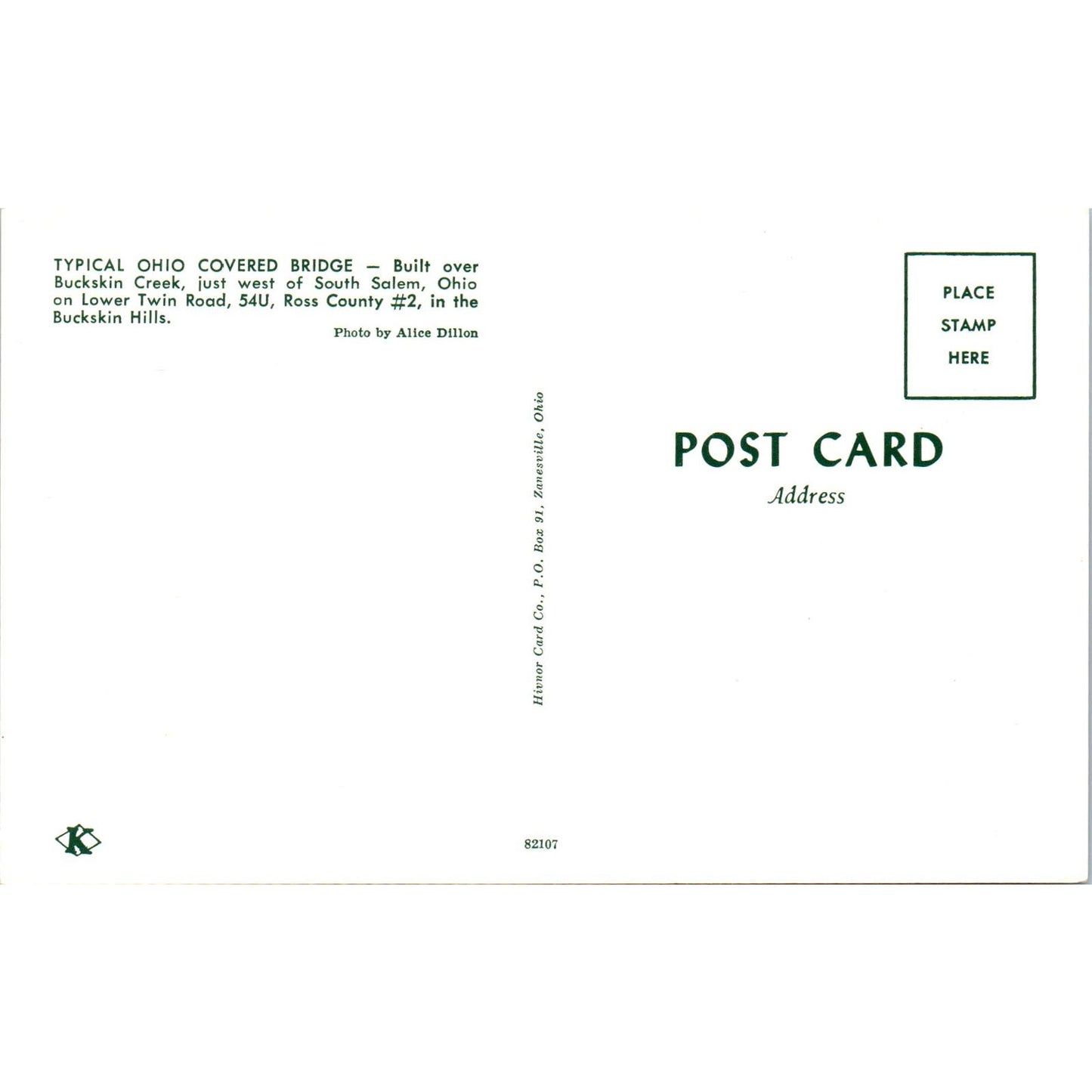 Buckskin Creek Ross County #2 South Salem Ohio Covered Bridge Postcard PB13